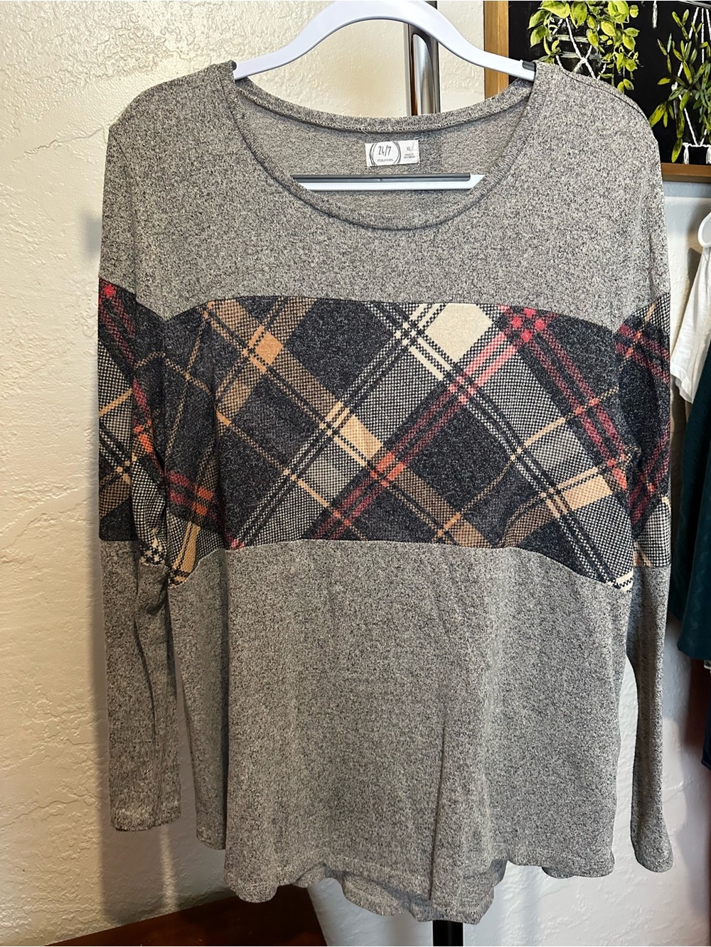 Maurices Gray Crewneck Sweater with Plaid Panel
